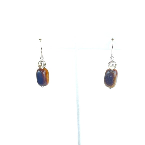 Tiger Eye & Crystal Bead Dangle Earrings With Silver Hooks - Picture 4 of 5
